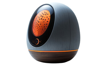 Stylish modern speaker design featuring a sleek egg-shaped form with orange accents. Ideal for contemporary home settings. Isolated on white background.