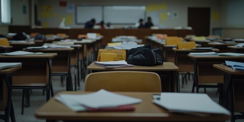 An empty classroom filled with rows of wooden desks and scattered papers, devoid of students or activity.