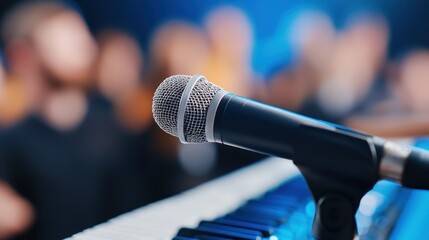 Dynamic Close Up of Vintage Microphone Resting on a Modern Computer Keyboard Symbolizing the...