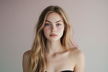 Fototapeta premium Natural portrait of a young woman with long blonde hair and calm expression against a soft gradient background
