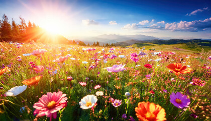 Fototapeta premium A picturesque meadow bursting with colorful flowers under bright spring sunshine, creating a vibrant and cheerful landscape, perfect for nature lovers and outdoor enthusiasts seeking beauty and tranqu