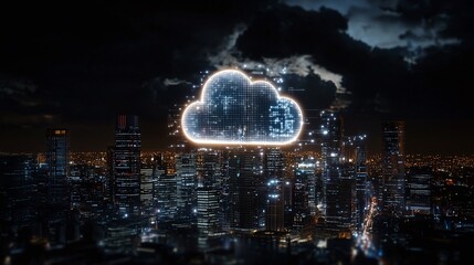 Cloud Technology Concept Over City Skyline at Night with Lights