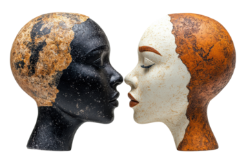 Two artistic mannequin heads representing different cultures, facing each other in a symbolic embrace, on a white isolated background.