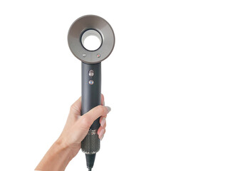 Hand Holding Modern Hair Dryer with Transparent Background