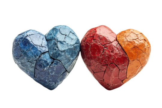Two cracked hearts in blue, red, and orange colors symbolize broken love or emotional struggles against a white isolated background.
