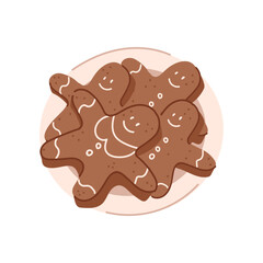 An illustration of a cute plate with gingerbread men biscuits. Christmas cookies for Santa.