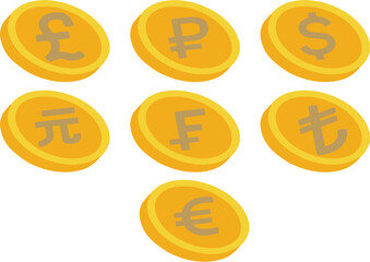 Golden Money currency icons set. Currency exchange icons as editable vector illustration. Business and finance concept design element. Gold coins with currency symbols in 3 d.