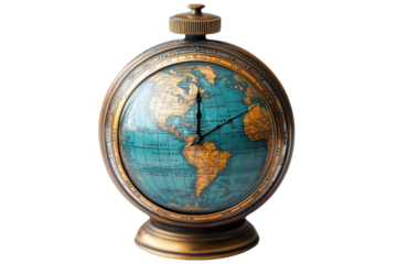 Vintage globe with detailed map, showing continents and oceans, set against a clean white background, perfect for educational or decorative use.