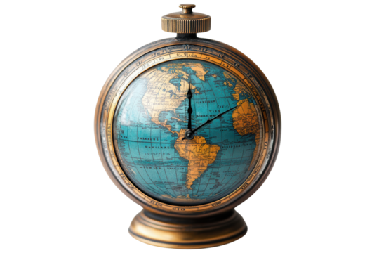 Vintage globe with detailed map, showing continents and oceans, set against a clean white background, perfect for educational or decorative use.