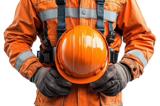 Worker in orange safety uniform holds a protective helmet in hands, showcasing safety gear and commitment to workplace safety and regulations.