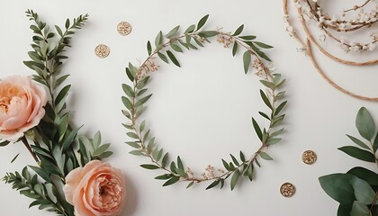 Round frame flower pattern of rosebuds on a white background.Frame of dried red roses, red and rose petals and leaves in form of circle on white background.2