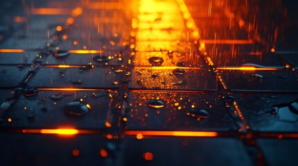 Rain falling on futuristic glowing tiles at night