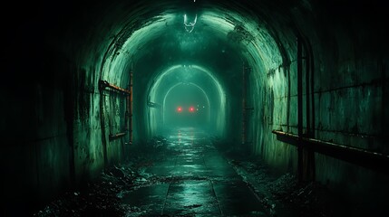 Dark, eerie tunnel with glowing red eyes in the distance.