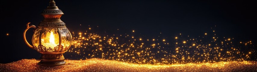 Glowing ornate lantern on sand with magical golden sparkles.