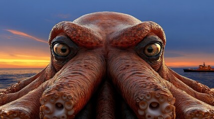 Obraz premium Giant Octopus Eyeing Ship at Sunset: A colossal octopus with piercing eyes stares intently at a ship in the distance, its massive tentacles lurking beneath the waves.