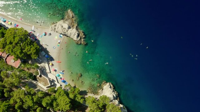 Picturesque Brela Beach is nestled in a paradise bay surrounded by cliffs and pine trees. People swim in the clear sea and relax on the shore, sunbathing on loungers under colorful umbrellas.