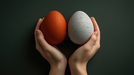 Two eggs, red and speckled white, held gently in hands against a dark background.