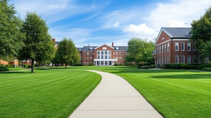 Lush Green Campus Pathway Leading to Modern Educational Buildings Under a Clear Blue Sky