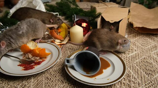 Brown rats are running on the table with leftover food and fod messy.
