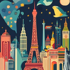 Global New Year's Eve celebration poster with landmarks