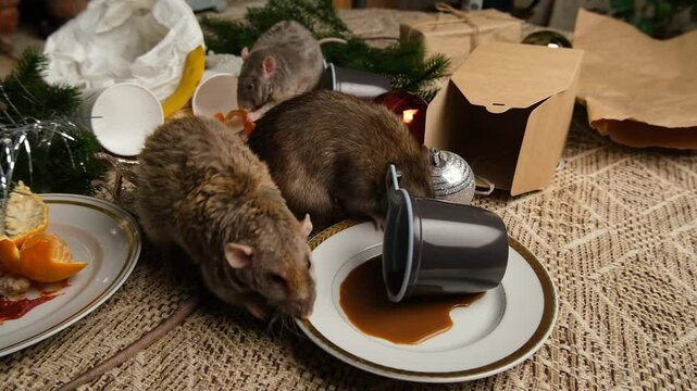 Brown rats are running on the table with leftover food and fod messy.