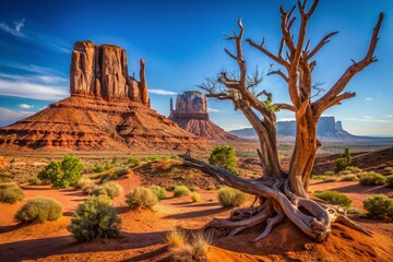 Red rock formations, a dry, desert landscape, and a bare tree. Sunny day.