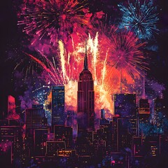 A vibrant city skyline poster with 2025 typography and fireworks.