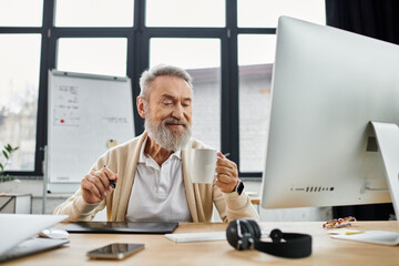 A mature man with a beard sips coffee while focusing on his computer screen in an office.