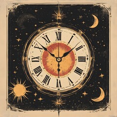 Vintage clock striking midnight with celestial motifs