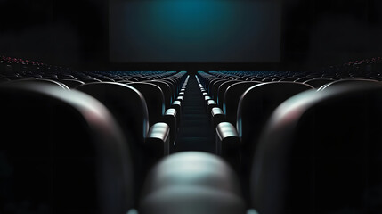 Modern cinema hall with rows of empty black leather seats facing the screen, dim lighting creating a calm and inviting mood