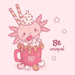 Cute Sweet Dessert Axolotl in Mug cup Hot Cocoa with Marshmallows, heart and striped candy. Funny festive little cartoon kawaii animal character. Vector illustration. Holiday cool card