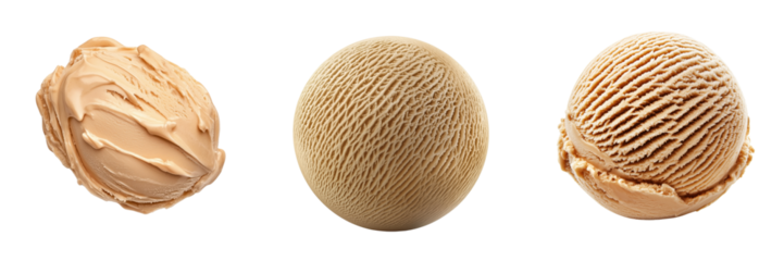 Set of butterscotch ice cream with creamy light brown color isolated on a transparent background