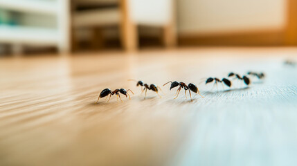 Line of ants marching across a wooden floor during daylight hours. Generative AI