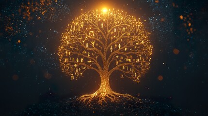 Glowing golden tree of life with symbols, dark background.