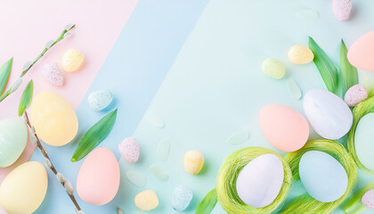 A pastel-colored Easter-themed background featuring delicately decorated eggs in soft hues, scattered with flowers and greenery, creating a cheerful and festive springtime atmosphere.