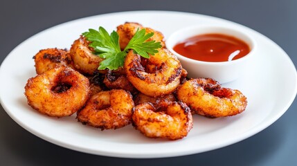 Fototapeta premium Delicious Plate of Crispy Fried Shrimp Garnished with Fresh Herbs Accompanied by a Tangy Dipping Sauce Perfect for Seafood Lovers and Culinary Enthusiasts
