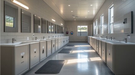 Modern, clean public restroom with multiple sinks and mirrors.