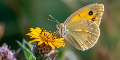 Obraz premium A close-up view of a beautiful yellow butterfly perched on a vibrant yellow flower. The image captures the delicate details of nature. It showcases both beauty and harmony in the environment. AI.