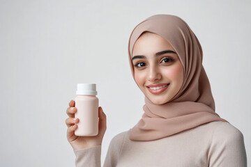arabic girl in her early 30s. she is dressed modernly and modestly. she is looking off camera.she is happy and smiling. she has a glowing skin and a radiance. a big mock up supplement bottle. 