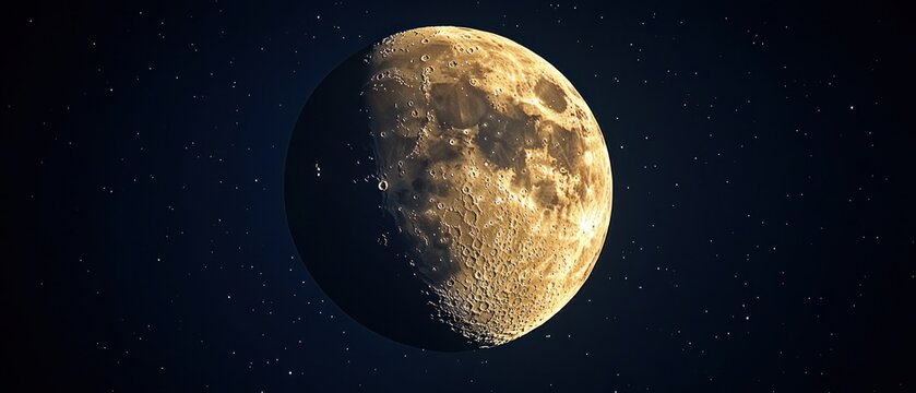 Golden half moon in dark space with stars.