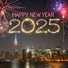Happy New Year 2025 in New York. New York Skyline with Fireworks for New Year 2025. A vibrant and festive New Year s Eve celebration in New York City.