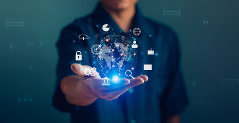 Data link Technology and global internet connection Concept.Businessman show global digital connect or network technology,Digital marketing, big data, metaverse world, digital transformation