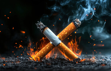 A striking image of two cigarettes crossed, surrounded by fiery embers and smoke, symbolizing the dangers of smoking and the fight against tobacco addiction.