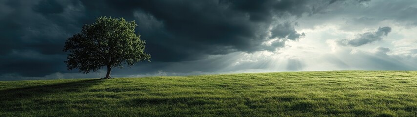 Obraz premium Solitary tree on grassy hill under dramatic sky.