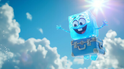 Fototapeta premium Cheerful Ice Cube Character Against a Blue Sky 