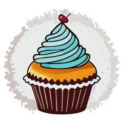 Vector Illustration of Cupcake with Blue Frosting and Cherry on Top – Sweet Bakery Dessert Clipart