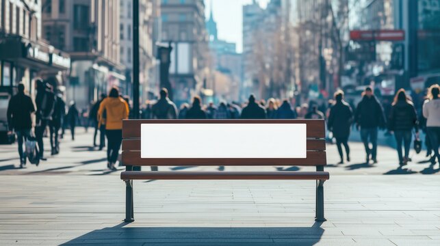 Blank bench in busy urban street with diverse crowd in daylight, mockup concept