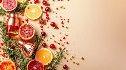 A refreshing orange cranberry rosemary and vodka cocktail with copper bar tools set against a beige background. Ideal for cocktail lovers and home bartenders seeking a stylish and flavorful drink.