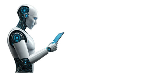 png ai robot humanoid using tablet with touch screen viewing light blue conceptual image. With copy space for text ad advertisement graphic resource. 300dpi