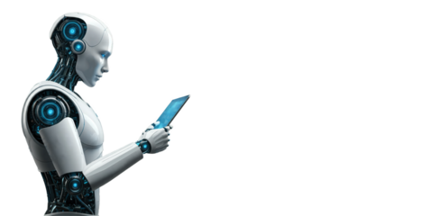 png ai robot humanoid using tablet with touch screen viewing light blue conceptual image. With copy space for text ad advertisement graphic resource. 300dpi